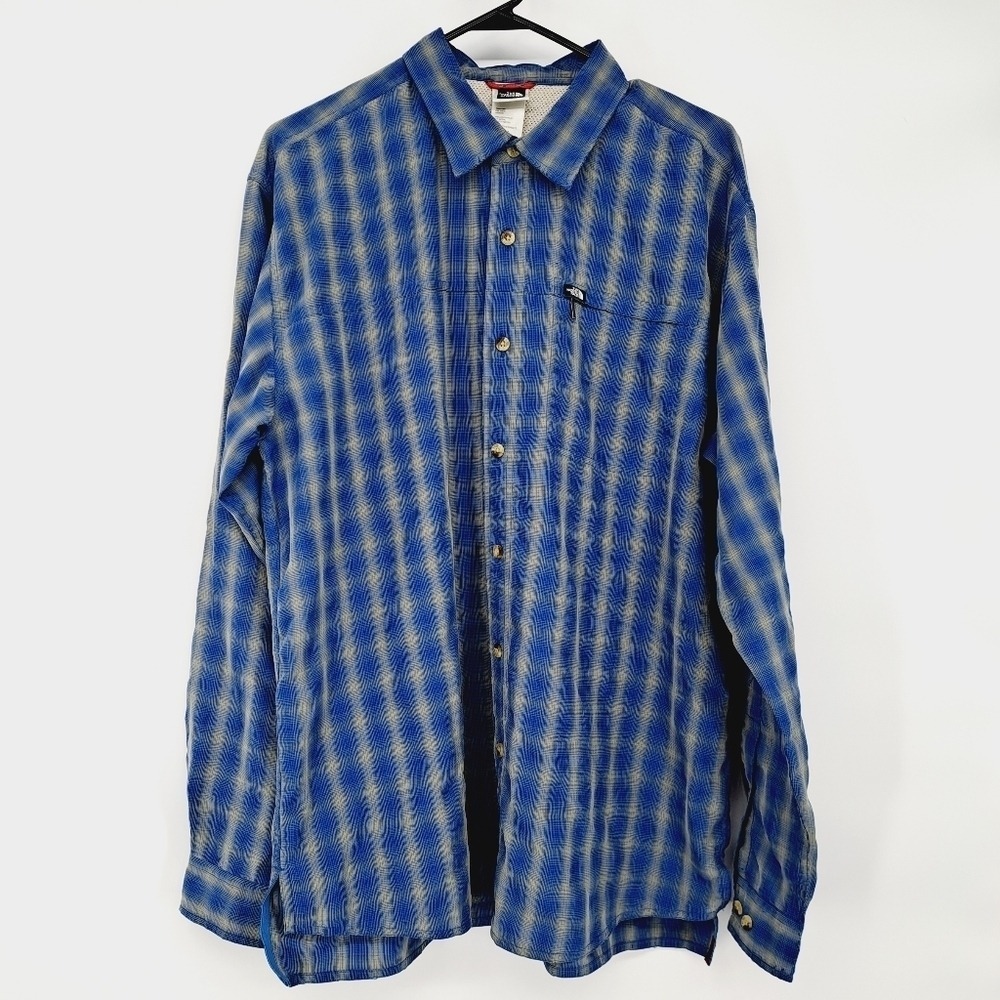 The North Face Blue Gray Plaid Modal Blend Casual Outdoor Button Up Shirt Size L